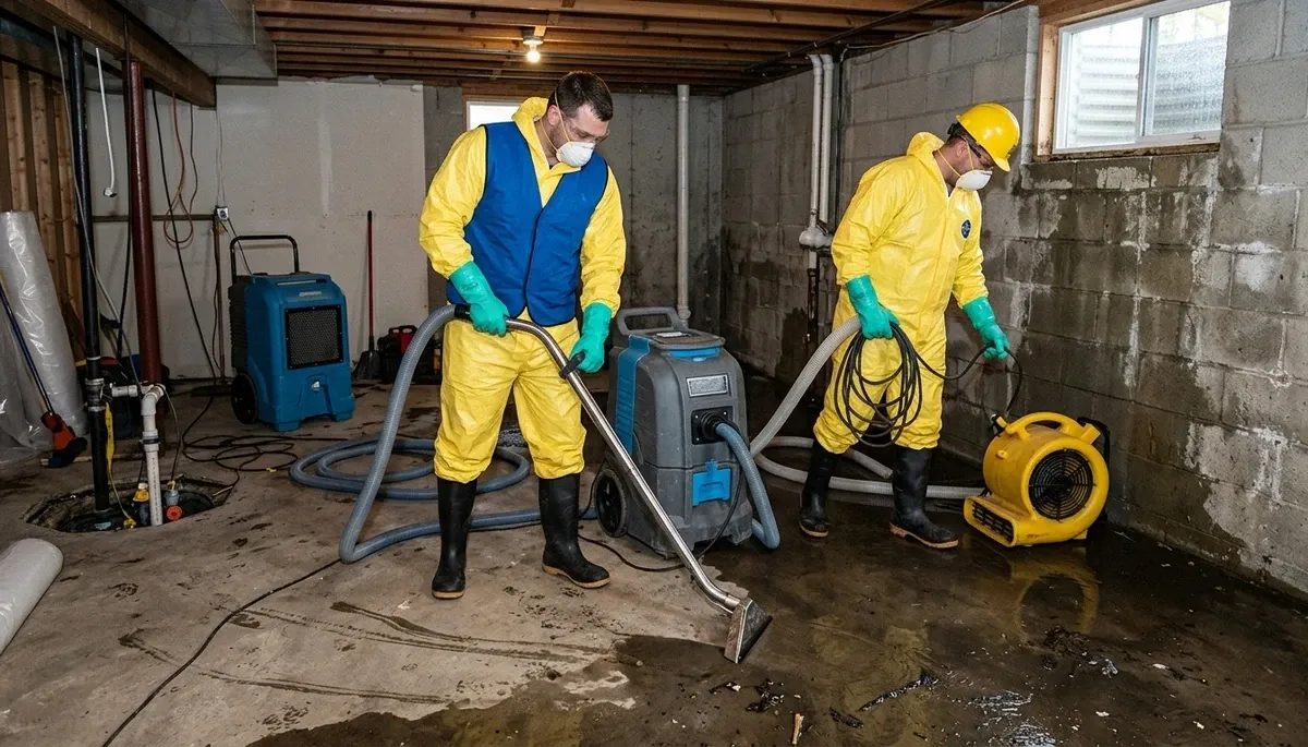 Olathe, KS water damage crew performing basement flood cleanup and drying for a home