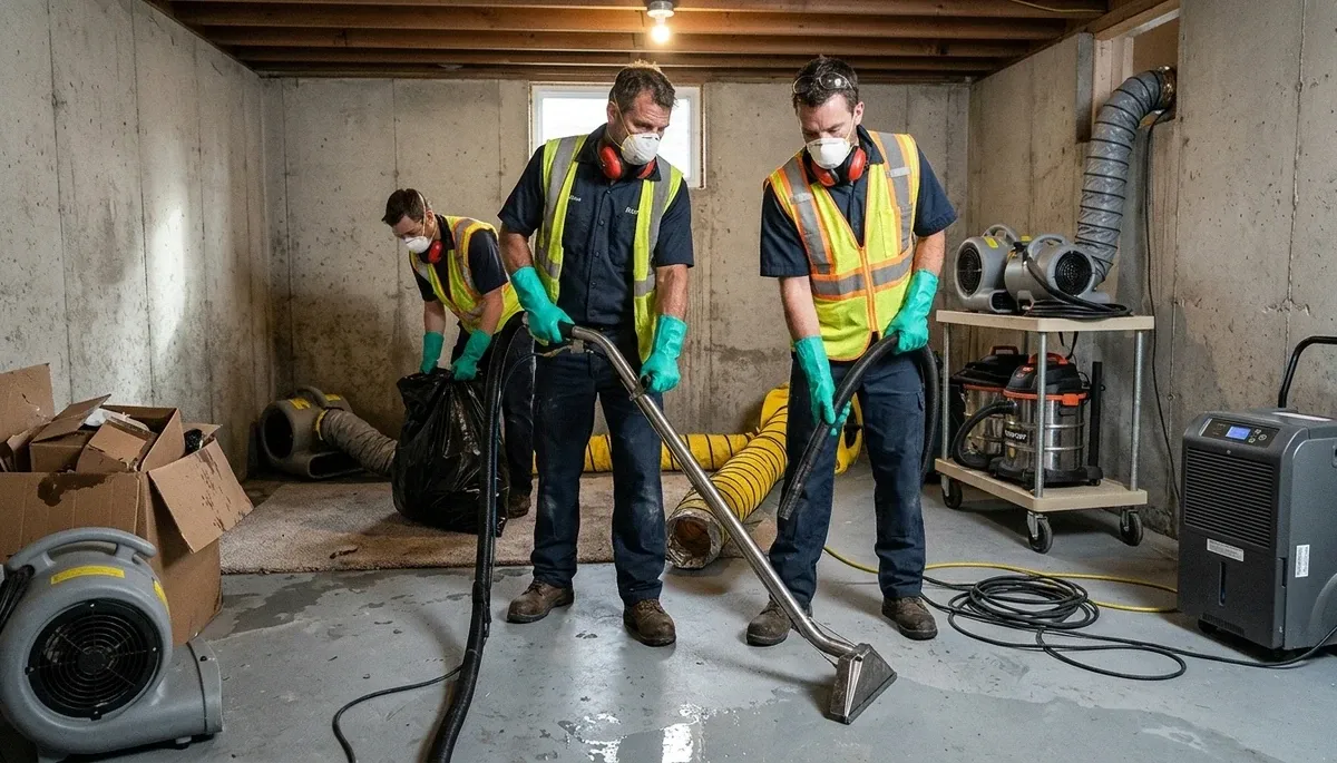 Basement flood cleanup crew in Olathe, KS drying water-damaged home after seasonal flooding