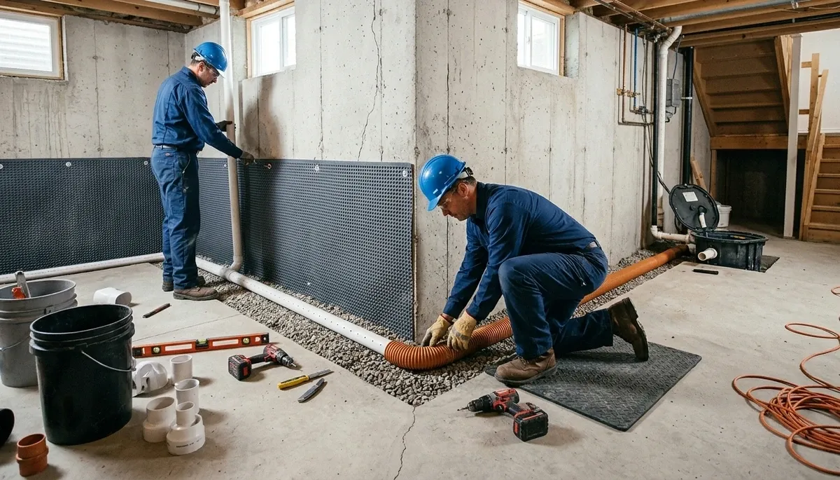 Basement waterproofing team inspecting Olathe, KS foundation for water damage prevention