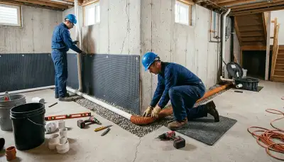 Basement waterproofing team inspecting Olathe, KS foundation for water damage prevention