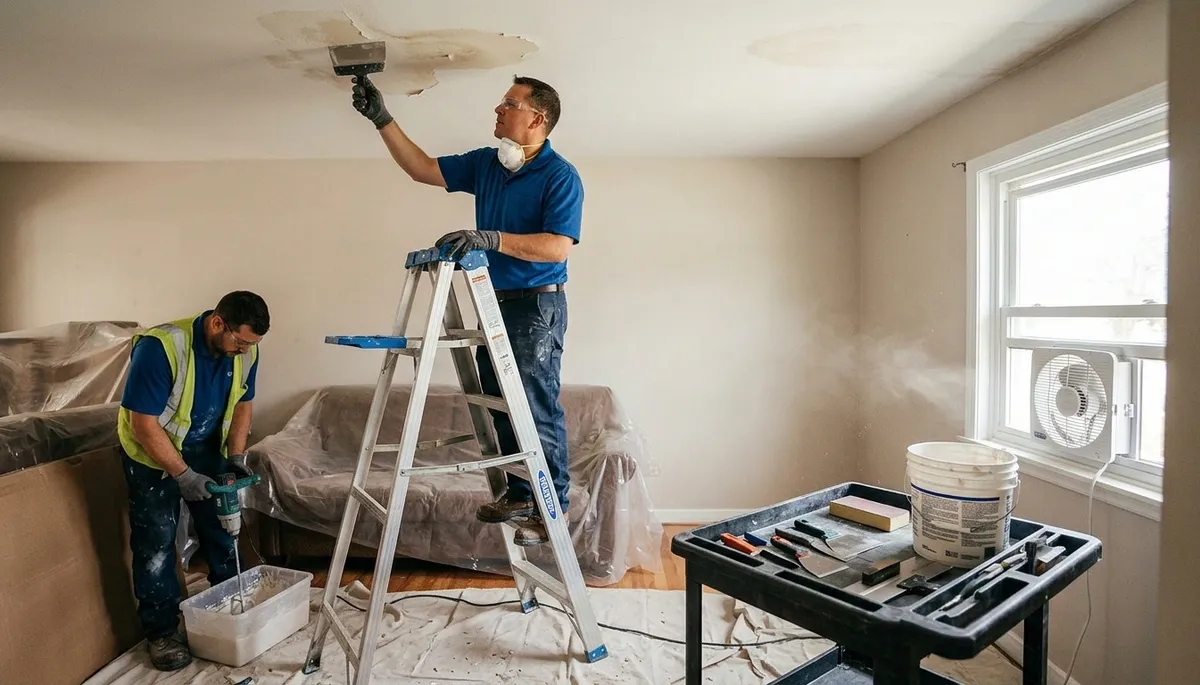 Ceiling water damage repair in Olathe, KS for homes with storm leak and moisture damage inspection