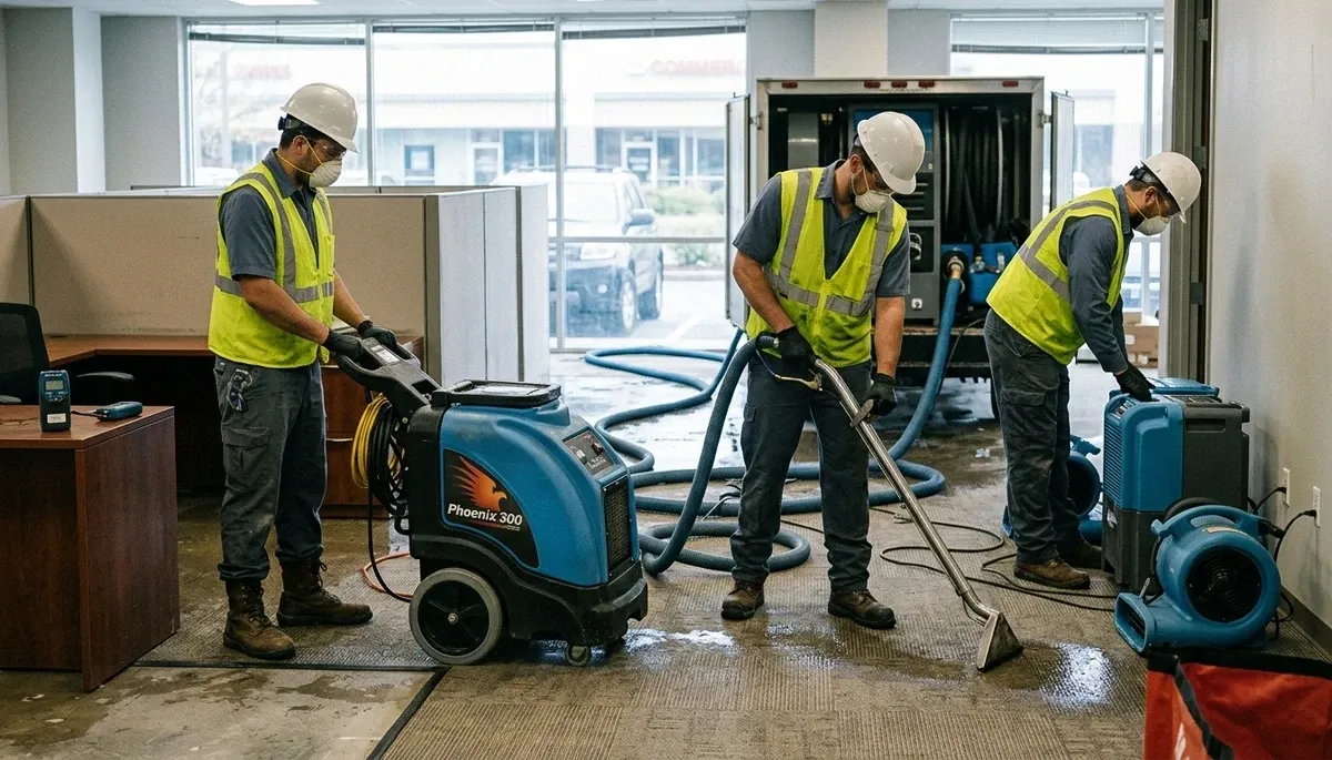 Commercial water damage restoration team in Olathe, KS removing floodwater from a business property