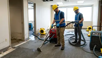 Commercial water damage restoration team in Olathe, KS drying flooded business interior