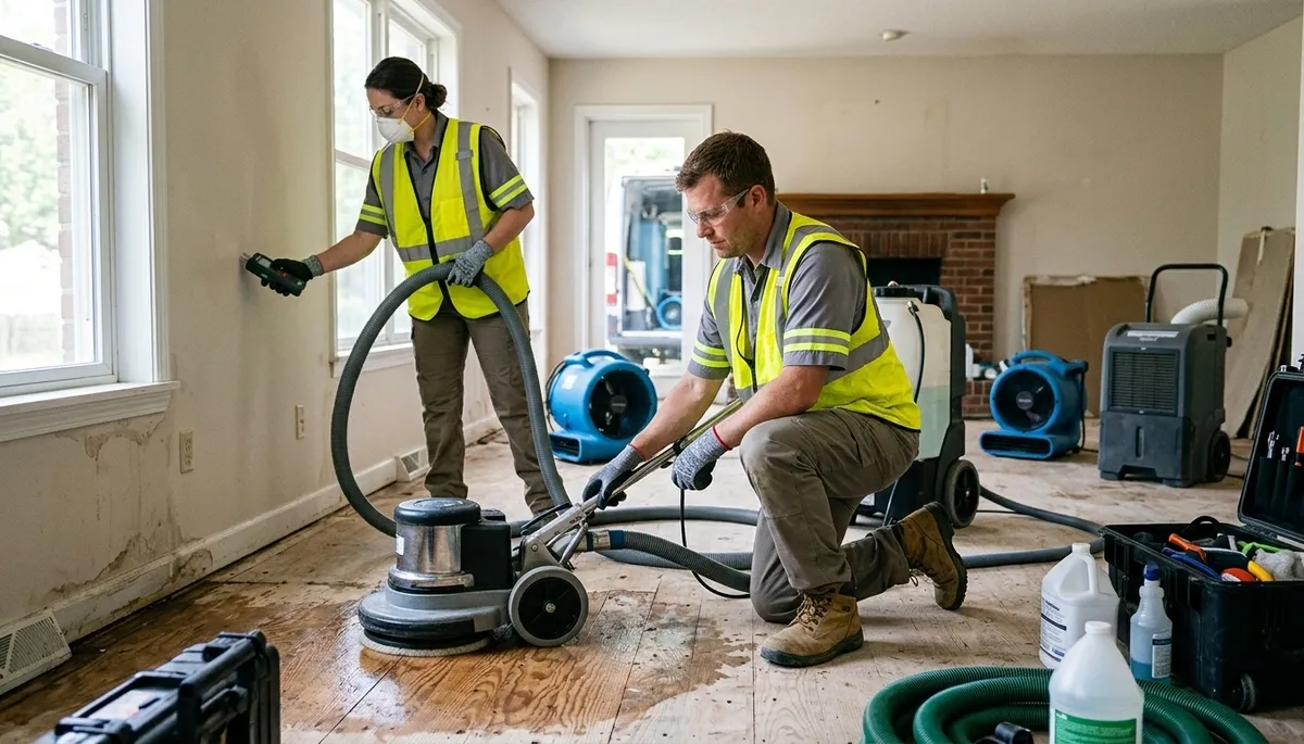 Olathe, KS water damage restoration team repairing a flooded home interior after emergency water damage