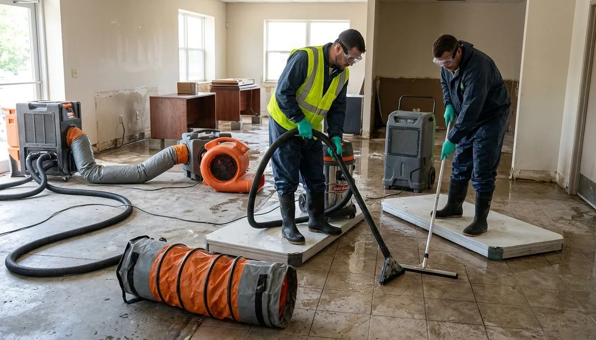 Flood damage cleanup team restoring Olathe, KS home after storm water intrusion
