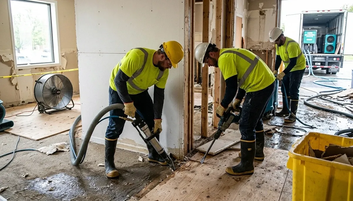 Flood damage cleanup crew restoring Olathe, KS home after storm flooding