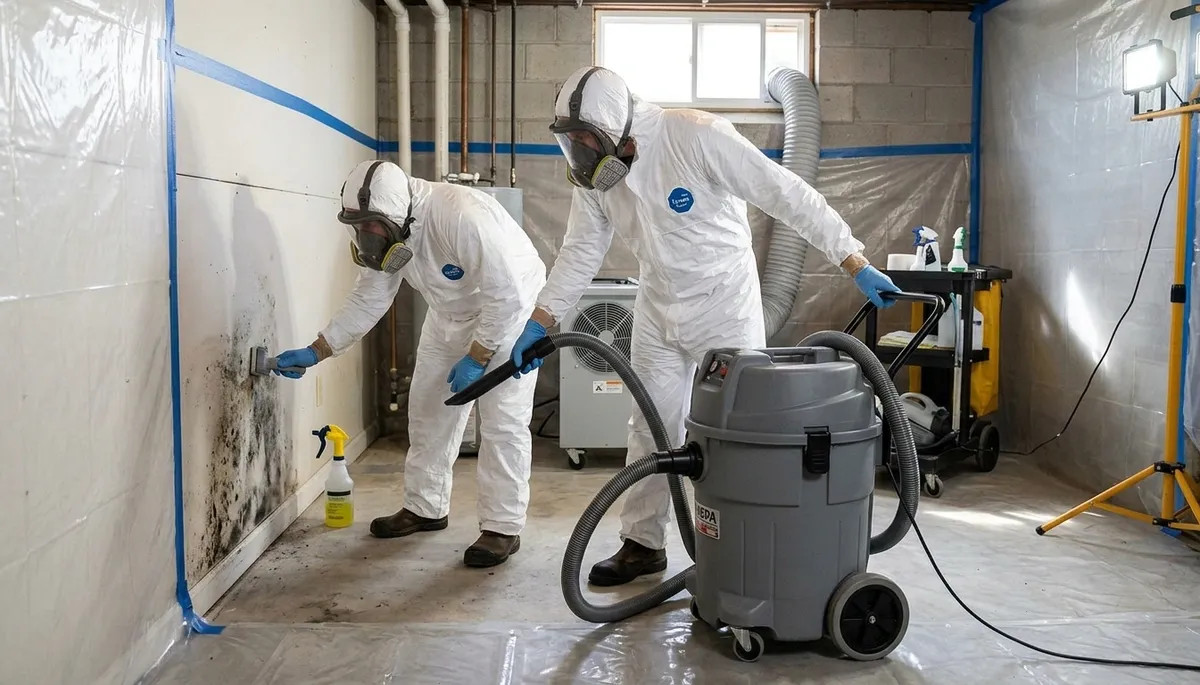 Mold removal technician inspecting moisture damage in Olathe, KS home