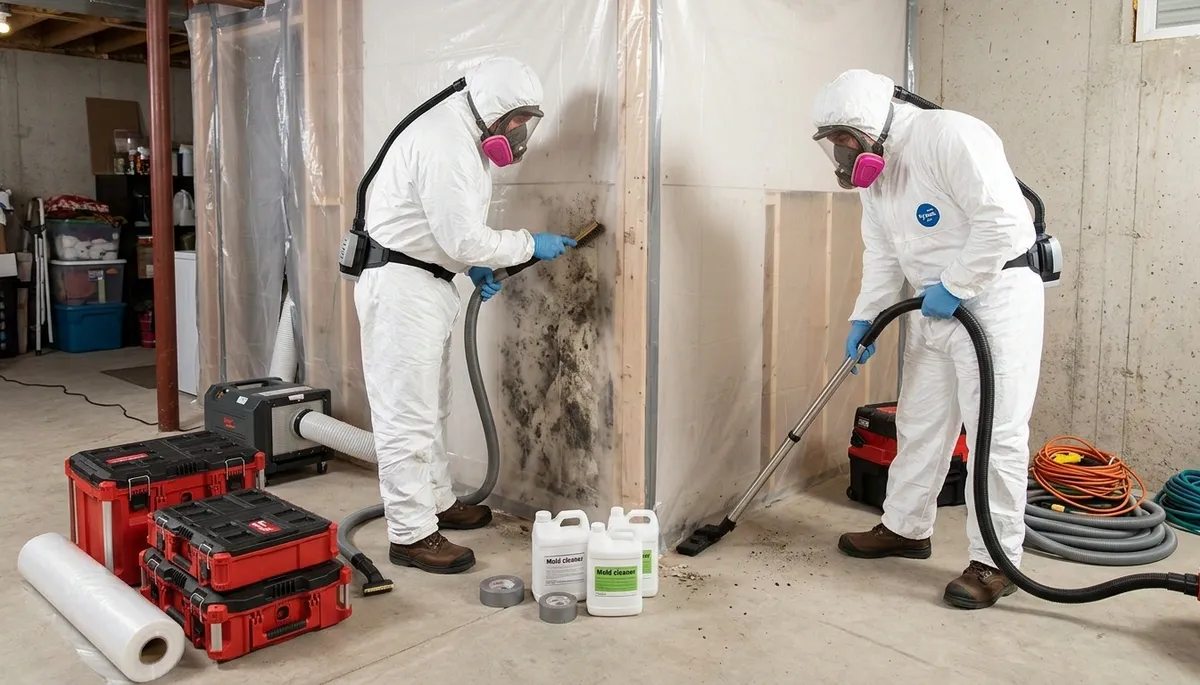 Water damage restoration crew removing mold in Olathe, KS home