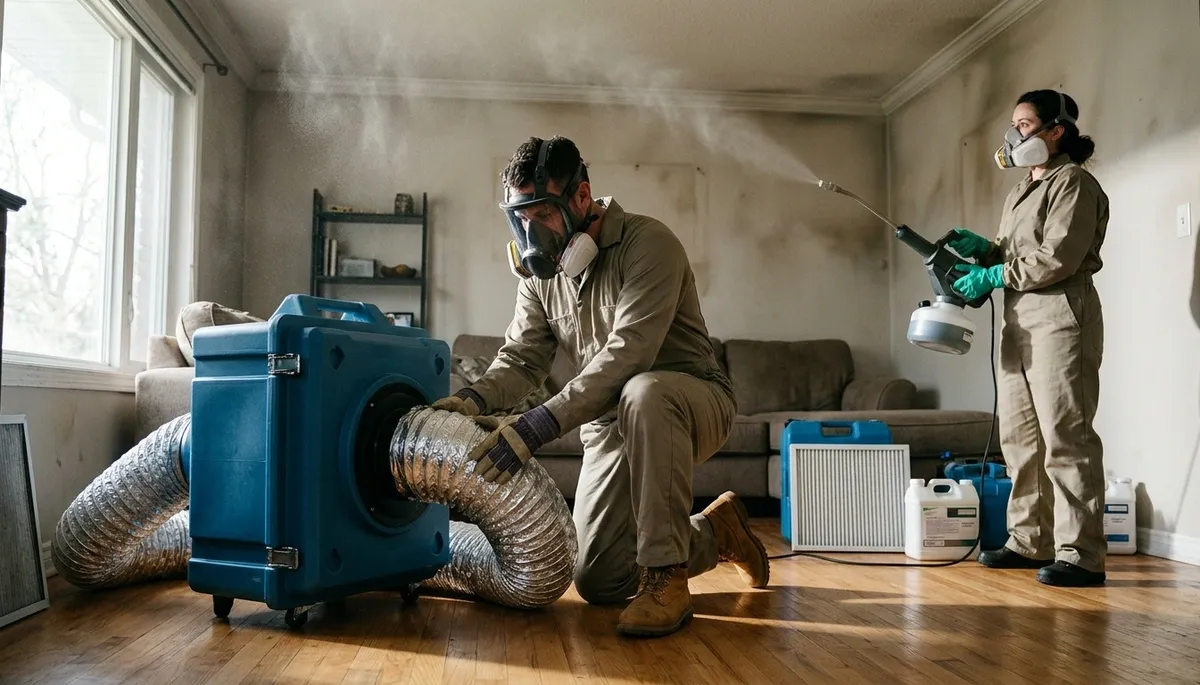 Odor removal technician in Olathe, KS removing water damage smells from a home interior