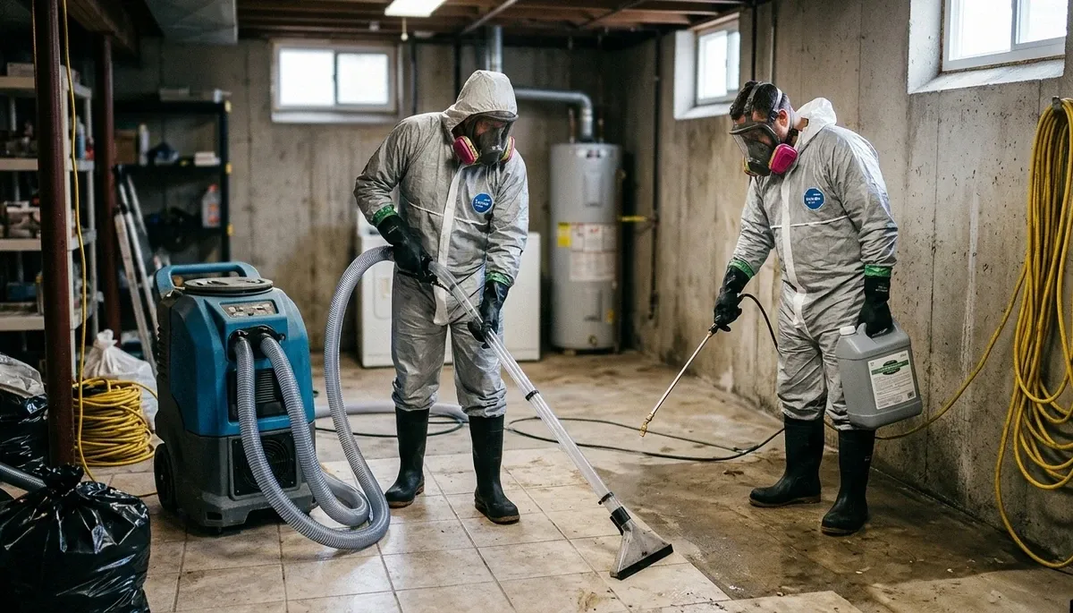 Sewer backup cleanup team restoring an Olathe, KS home after a water damage emergency