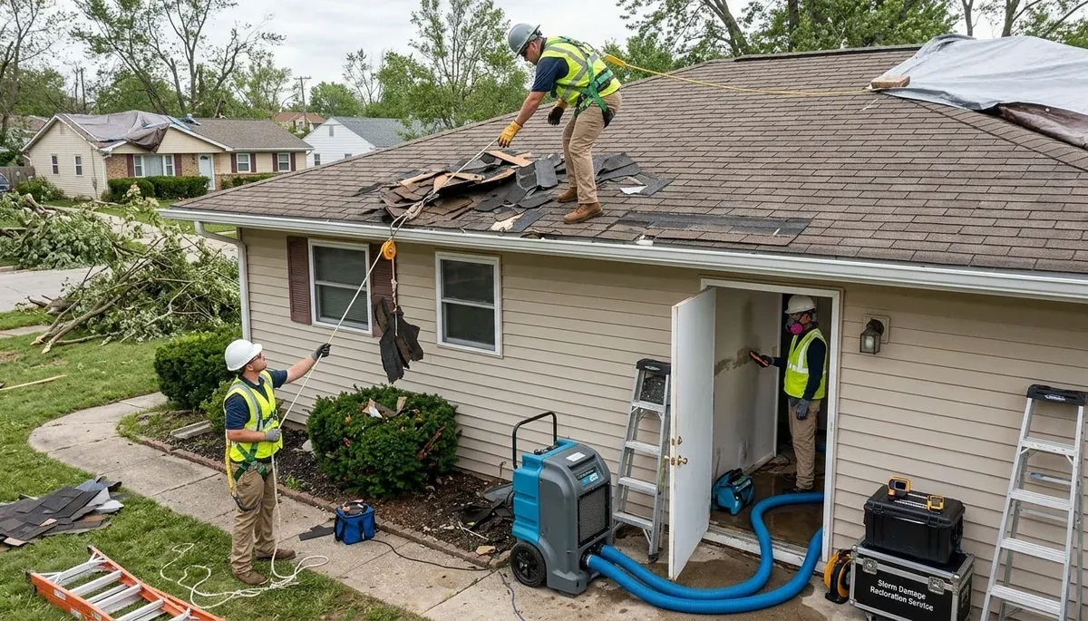 Storm damage restoration crew repairing water damage in Olathe, KS home