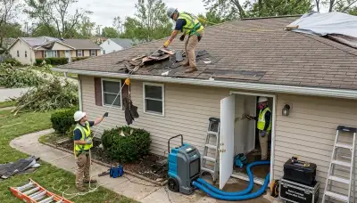 Storm damage restoration crew repairing water damage in Olathe, KS home