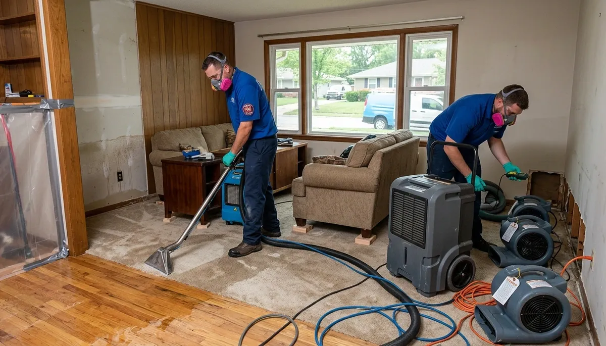 Water damage restoration team in Olathe, KS helping repair a flooded property