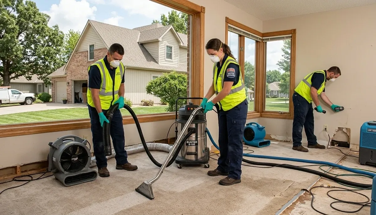 Water damage restoration team in Olathe, KS inspecting a damaged home for cleanup and repairs