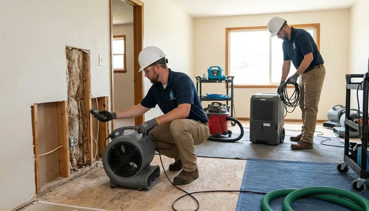 Water damage restoration team in Olathe, KS inspecting a flooded home and setting up drying equipment