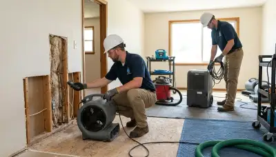 Water damage restoration team in Olathe, KS inspecting a flooded home and setting up drying equipment