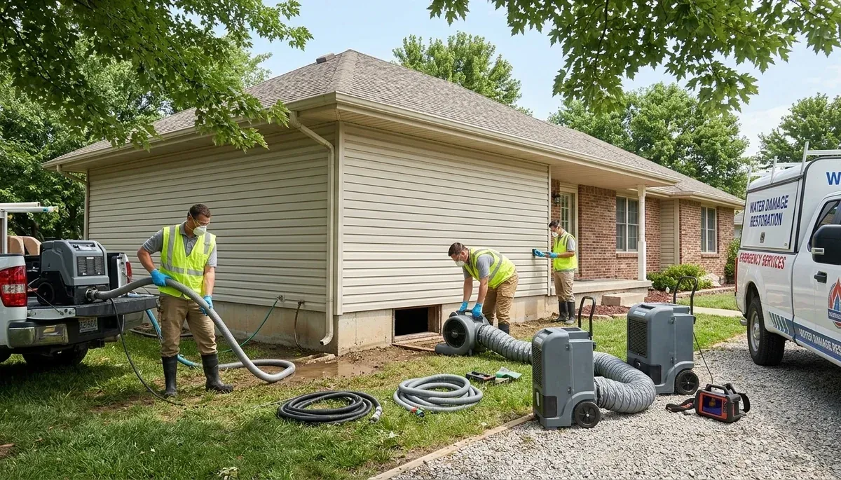 Water damage restoration team in Olathe, KS inspecting flood damage and drying equipment