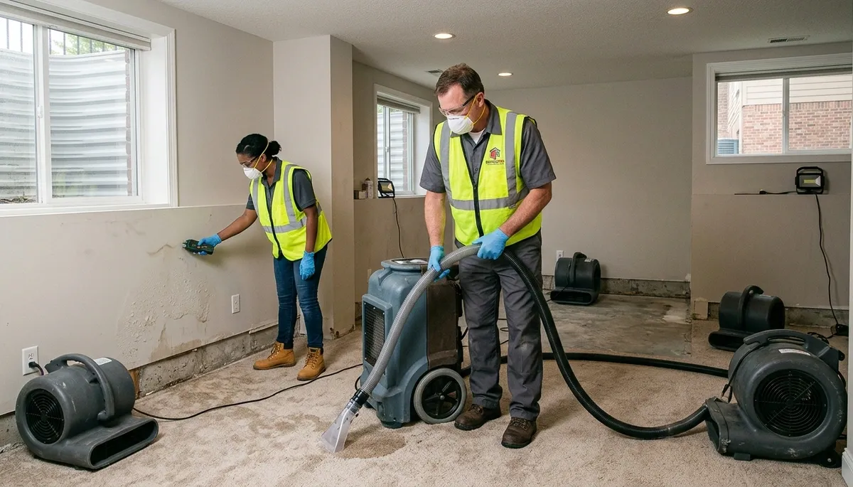 Water damage restoration team in Olathe, KS inspecting flood damage in a home