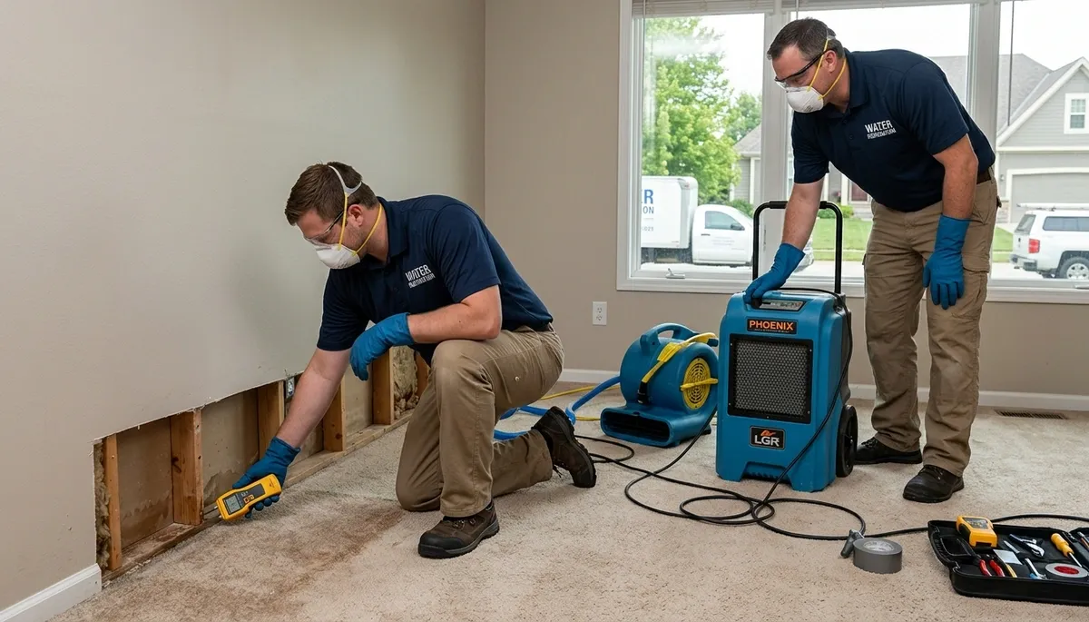 Water damage restoration team in Olathe, KS inspecting a damaged property for cleanup and repairs