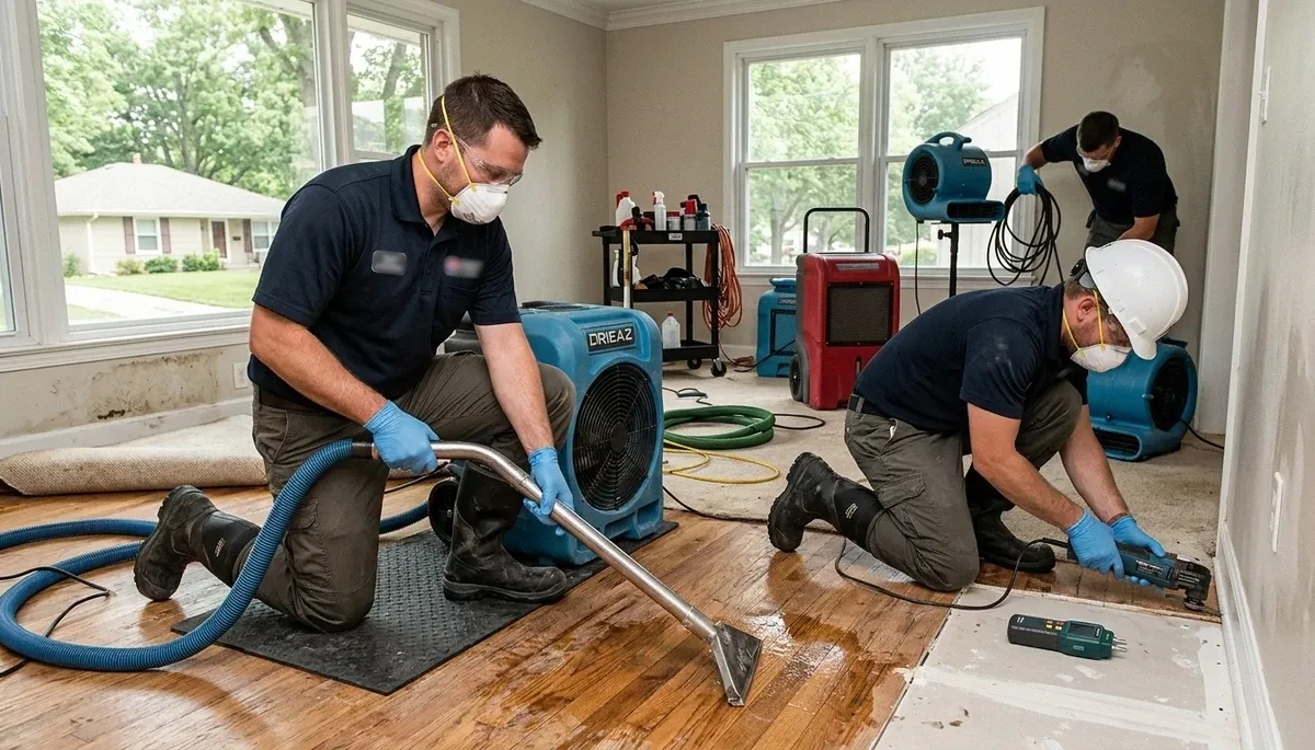Water damage restoration team in Olathe, KS inspecting a flooded property and cleanup work