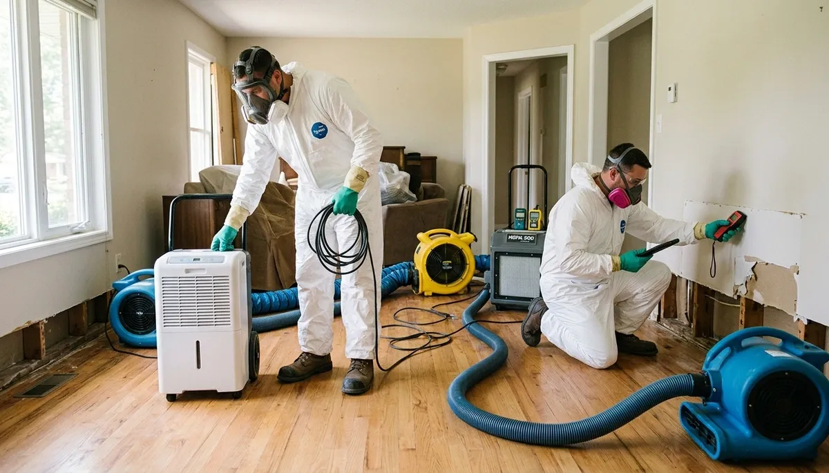 Water damage restoration crew serving Olathe, KS, repairing flood damage in a home