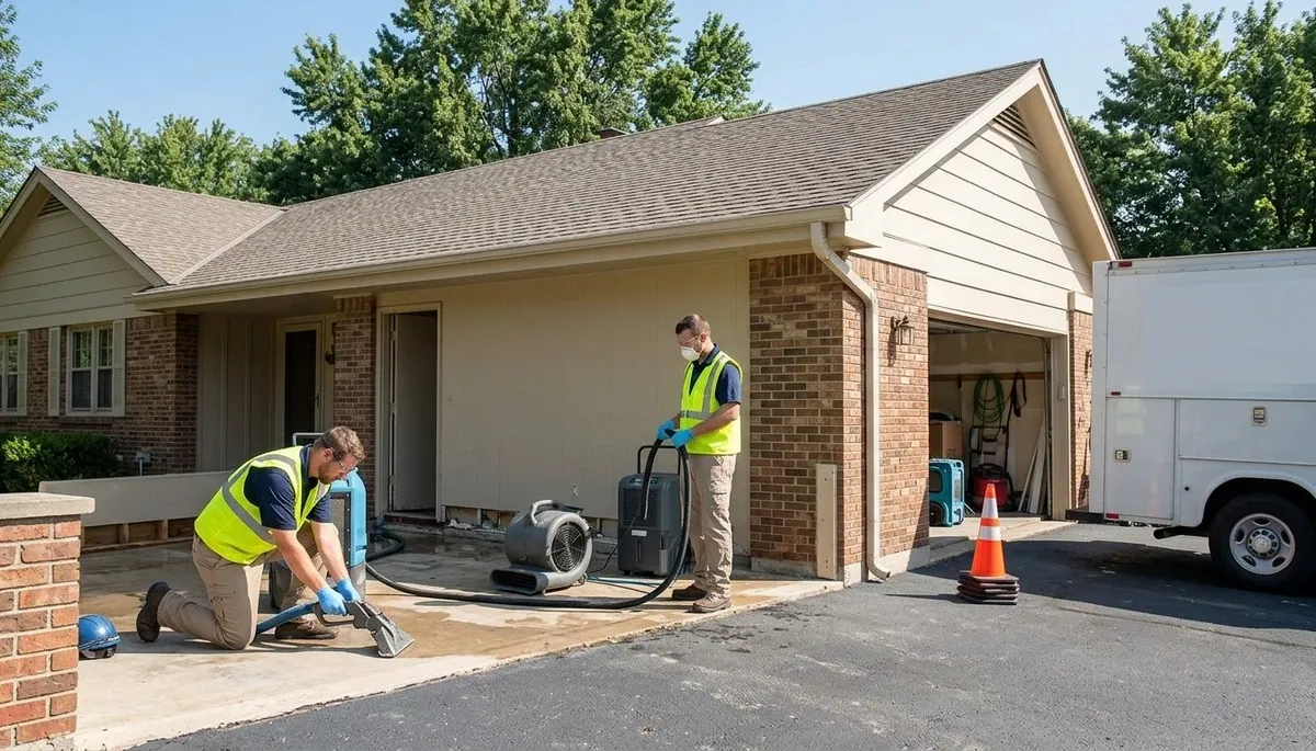 Water damage cleanup team in Olathe, KS restoring a home after flooding