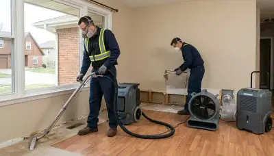 Water damage restoration team in Olathe, KS inspecting a flooded home and cleanup equipment
