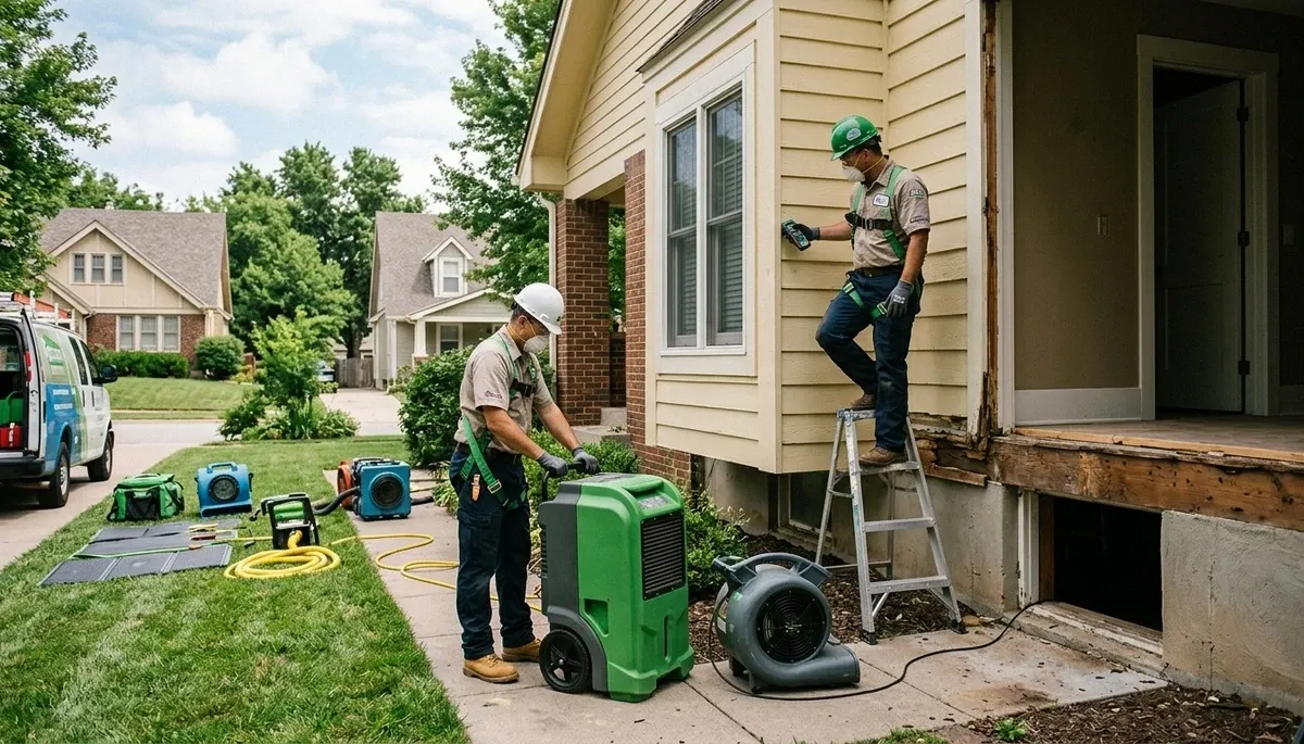 Water damage restoration team in Olathe, KS inspecting and drying a flooded property