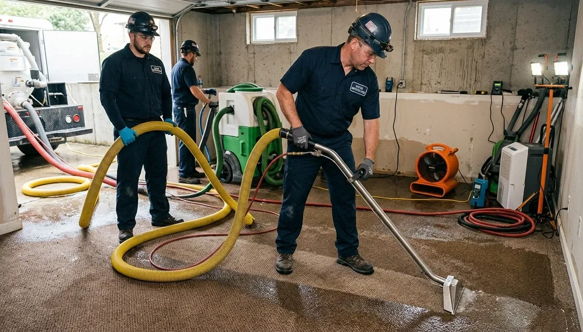 Water extraction crew removing floodwater from an Olathe, KS home after basement flooding